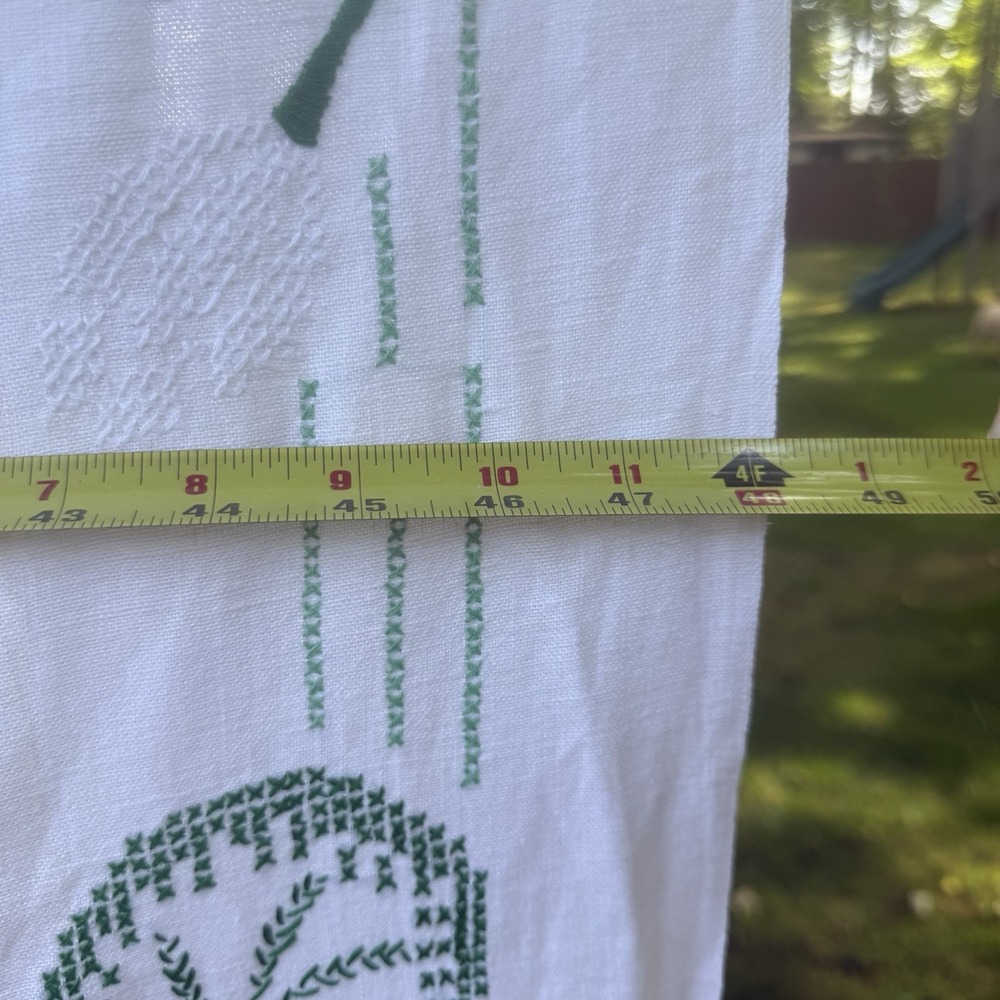 Vintage Hand Stitches Linen Tablecloth White Green Leaves Floral Tan Botanical - Picture 6 of 7